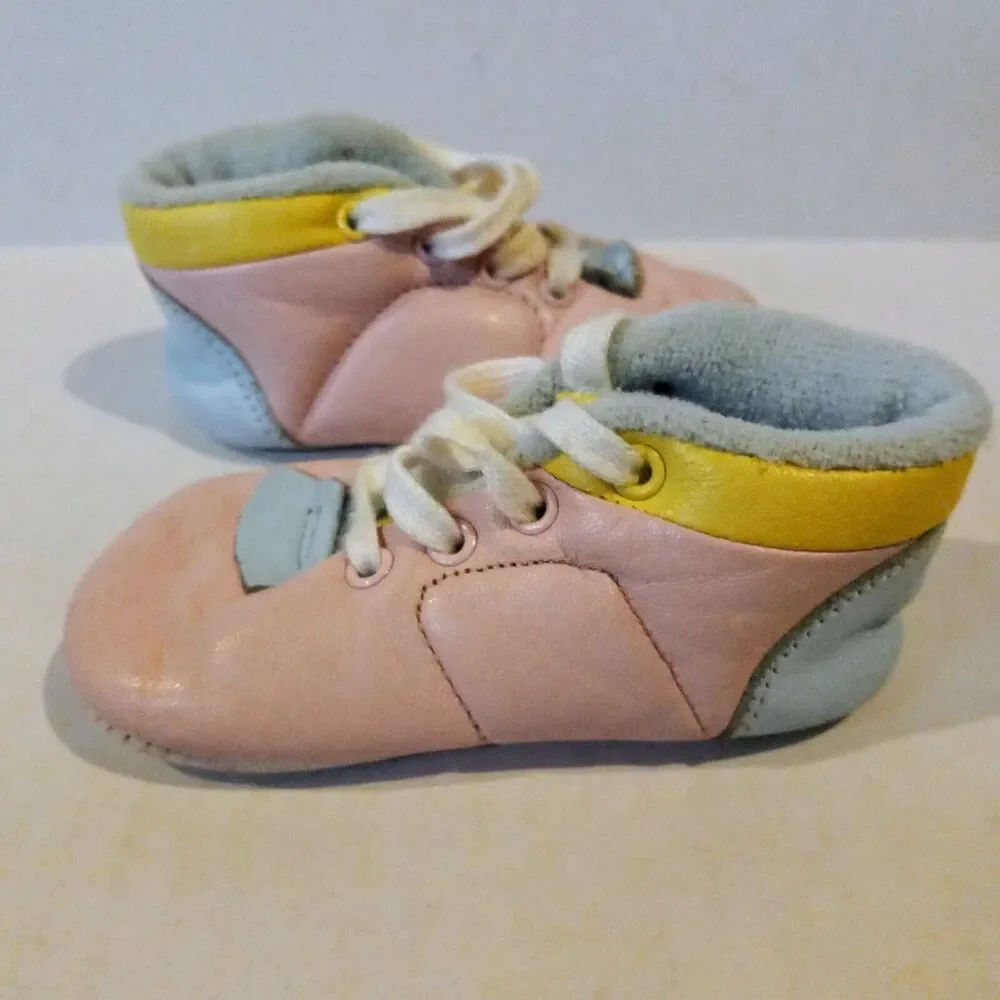 Vintage OshKosh B'Gosh Leather Crib Shoes/Sneakers-Size 2-Pink-Blue-Lace Up